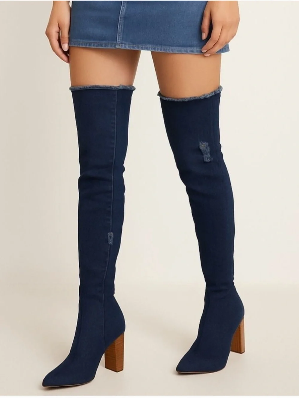 Over The Knee Boots 9 Pointed Toe Distressed Denim Tall Heels Y2K Block Heel